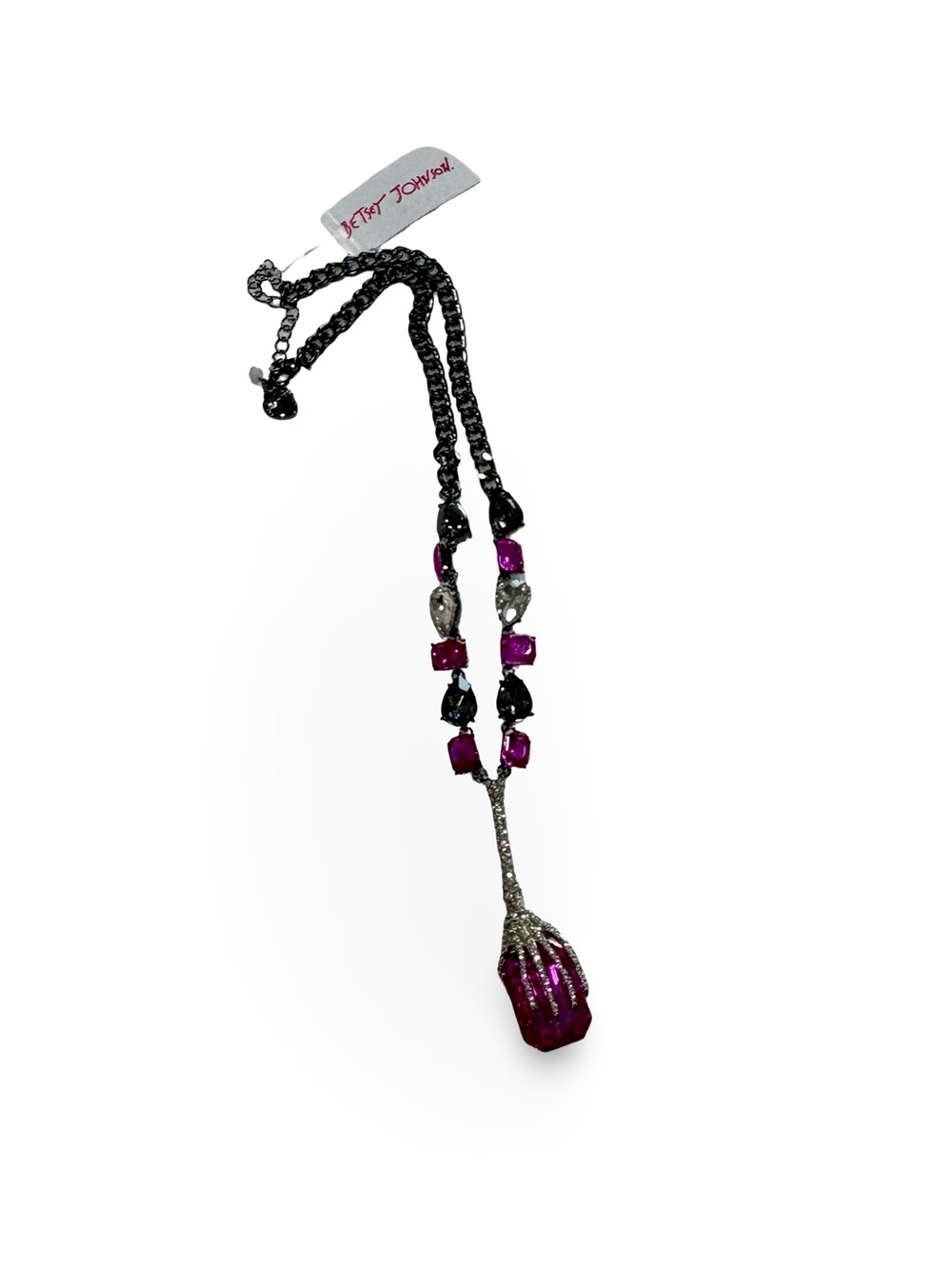 Betsey Johnson Gunmetal Chain Necklace with Fuchsia and Black Stones